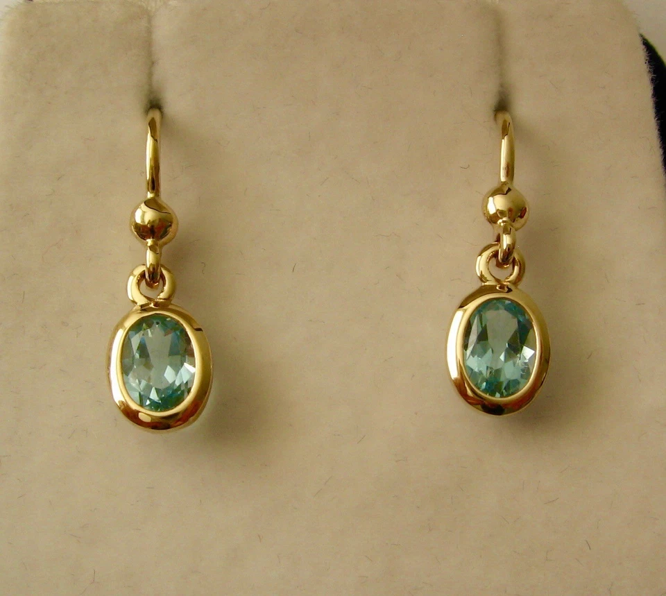 7x5 mm GENUINE 9ct SOLID GOLD MARCH BIRTHSTONE AQUAMARINE DANGLE HOOK EARRINGS - Image 1 of 1