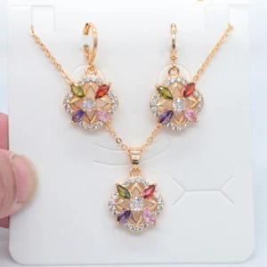 18K Yellow Gold Filled Women Multicolor Topaz Flower Rhombus Jewelry Set - Picture 1 of 4