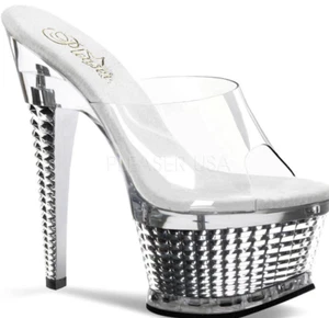 Pleaser Women's Illusion-651 Silver Leather Pole Dance Platform Stiletto Heels - Picture 1 of 5