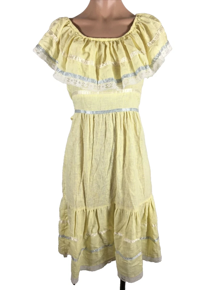 Vestido de verão vintage em camadas renda chalé núcleo papel lua anos 70 babado fora do ombro - Imagem 1 de 4