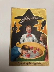 Halloween Postcard~Ducking For Apples - Witch - Black Cat~ Series No.2 ~ PC32 - Picture 1 of 8