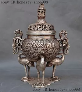 Old Chinese Silver Fengshui Dragon beast Crane Bird Statue incense burner Censer - Picture 1 of 11