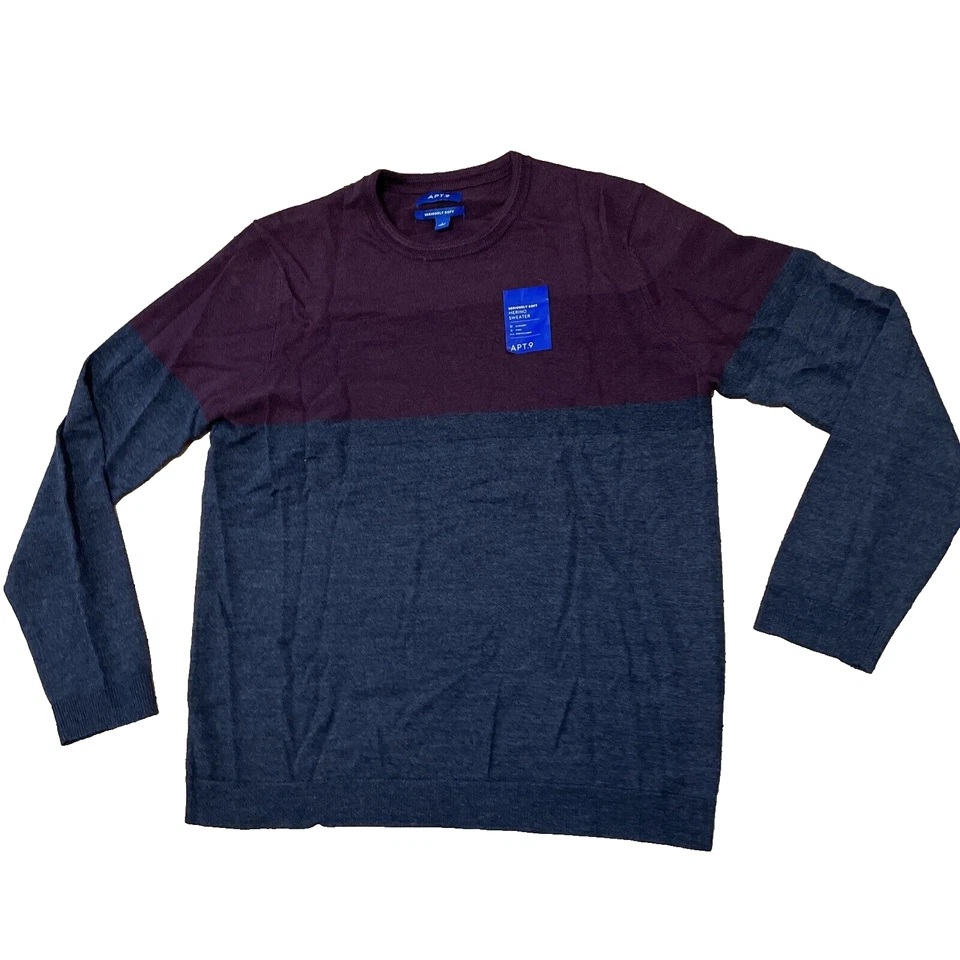 APT. 9 Merino Wool Sweater Men L Colorblock Red Gray Soft Preppy Pullover 42" - Image 1 of 4