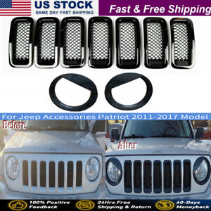 Front Grille Mesh Insert Cover Trim+Angry Bird Headlight Cover for Jeep Patriot