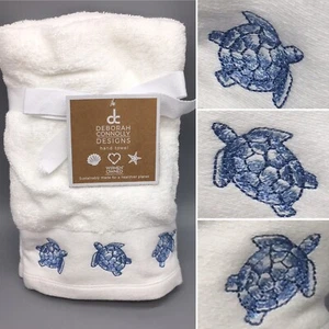 x2 Deborah Connolly Blue Embroidered Sea Turtle Hand Towels Bathroom Beach Honu - Picture 1 of 7