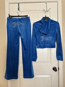 Juicy Couture Velour Bling Tracksuit Splash Blue Hoodie Pants Set NWT Size L - Picture 1 of 8