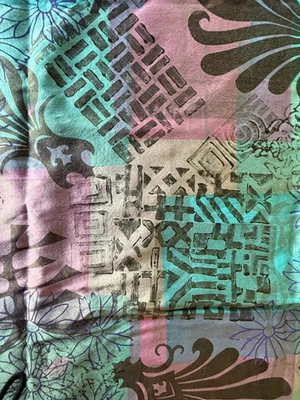 2 yds x 42”  Hand Dyed Silk Fabric Black Block Print on blue, pink, purple, teal - Image 1 of 4