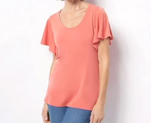Susan Graver Liquid Knit Top with Short Flutter Sleeves- RADIANT CORAL, XXS - Picture 1 of 1