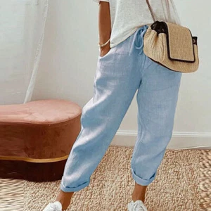 Summer Casual Women Cotton Linen Trousers Ladies Elastic Waist Bottoms Pants - Picture 1 of 24