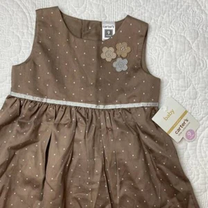 Carters Sleeveless Chocolate/Silver Accent Dots Flowers Baby Dress 9 Months - Picture 1 of 5