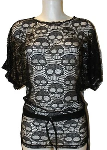 Black White Goth Skull Swimsuit Cover-Up Top Sheer Lace Swimwear Beach Wear - Picture 1 of 3