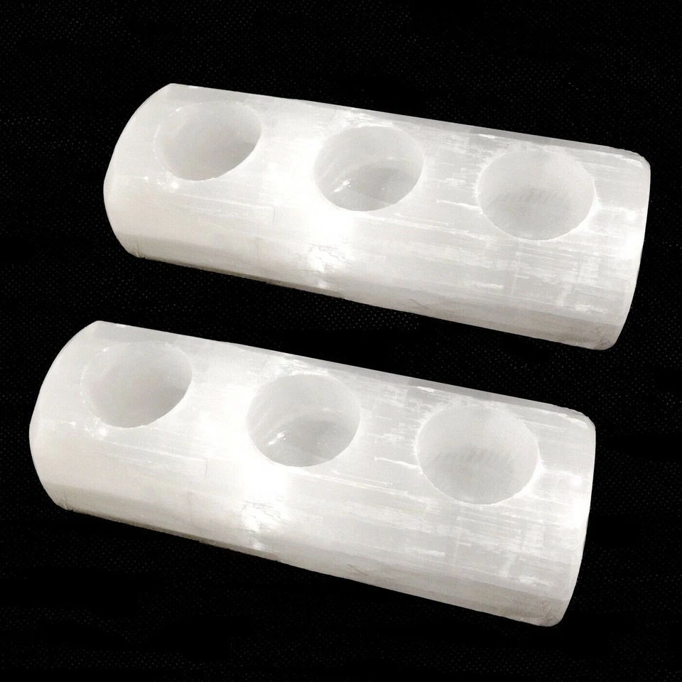 SET OF 2 ~ Natural Selenite Crystal Candle Holder 3 Hole Log Handmade CHARGE - Image 1 of 4
