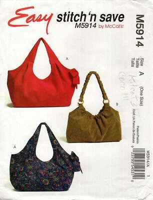 Bolsos hobo McCall's FÁCILES Stitch & Save M5914 en 2 estilos patrón de cartera SIN CORTAR Foto 1 de 4