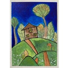 ACEO ORIGINAL PAINTING Mini Collectible Art Card Signed Garden House Trees Ooak