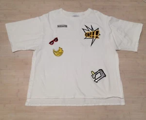 RARE Zara Trafaluc Womens White Knit Patchwork T-shirt Large Top - Picture 1 of 10