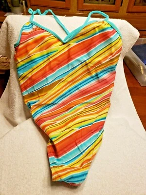 Traje de baño para mujer Be Creative de una pieza azul amarillo rosa coral rayas talla L  Foto 1 de 2