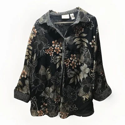 Alfred Dunner Women's Black Tropical Floral Button Up Blouse Top Size 18W - Image 1 of 4