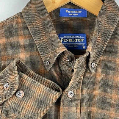 Camisa Pendleton Wayne M Marrón Naranja Cuadros Pana Abotonada 100% Algodón Foto 1 de 4