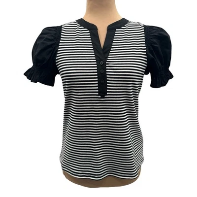 Top Henley Bailey 44 Negro Blanco Rayas Manga Corta Abullonada Pequeño Elastizado Nuevo sin Etiquetas Foto 1 de 4