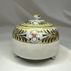 Antique Hand Painted Porcelain Nippon Lidded Powder Jar Footed Moriage Floral - Picture 1 of 14