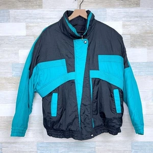Gitano Retro Nylon Puffer Ski Jacket Black Green Colorblock Vintage Mens Medium - Picture 1 of 7