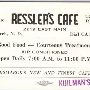 Tarjeta de visita publicitaria Kuilman's Motel C56 c1940s Bismarck, ND Ressler's Café - Imagen 1 de 3