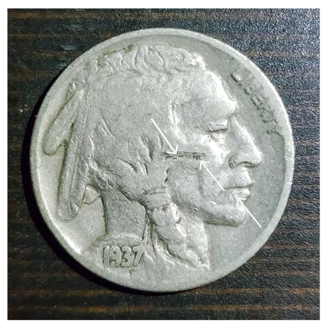 1937 5C BUFFALO NICKEL "SCAR FACE"  STRIKE THROUGH ERROR Cover