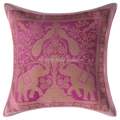 Ethnic Small Cushion Cover Elephant Brocade Silk Pink Pillow Cover Throw 30 cm - Image 1 of 3