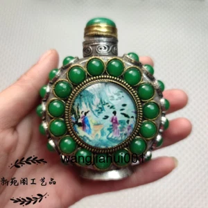 Botella de tabaco antigua de cobre pintada con incrustaciones de piedras preciosas - Imagen 1 de 6