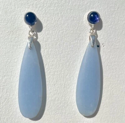 Sapphire Blue Iolite Cabochon and Denim Blue Angelite Dangle Drop Earrings - Image 1 of 3