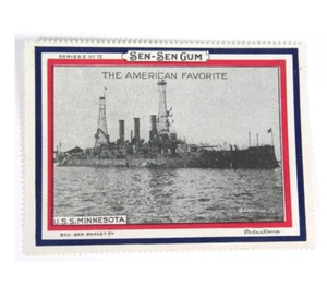 Vtg c1918 WWI Sen-Sen Gum EXC Poster Stamp US NAVY BATTLESHIP U.S.S. MINNESOTA - Picture 1 of 2
