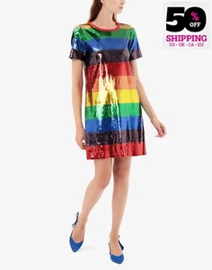 RRP€325 MICHAEL MICHAEL KORS Mini Dress Size L Rainbow Sequins Short Sleeve - Picture 1 of 7