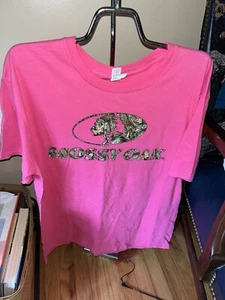 Womens Anvil Pink T-Shirt W/Mosy Oak Written In Camo On Front Size L VGC - Picture 1 of 3