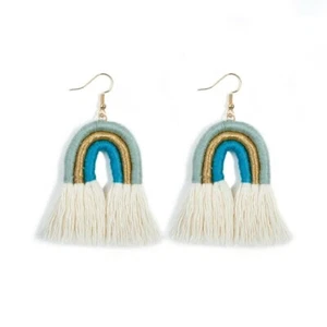 Boho Cotton Thread Material Blue Gold Tassel Blogger Fashion Dangle Earrings - Picture 1 of 1