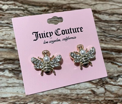 Juicy Couture Jewelry Gold Bumblebee Stud Earrings Pearl Clear Crystal Pave - Image 1 of 4