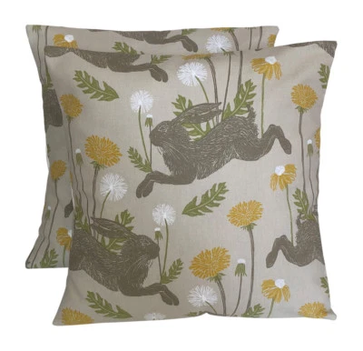 2 x Clarke & Clarke March Hare Linen Mustard Cushion Covers 16” 18” 20” 22” - Image 1 of 4