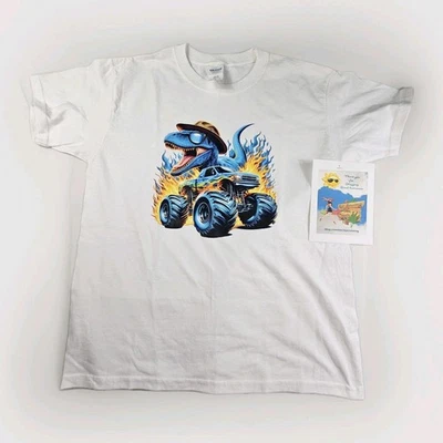 Boys Size Youth Medium 10/12 Graphic T-Shirt Monster Truck Dinosaur Gilden  - Image 1 of 4