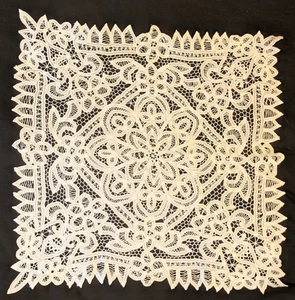 Vintage Battenburg Lace Table Topper White Scalloped Edge 25" Square - Picture 1 of 5