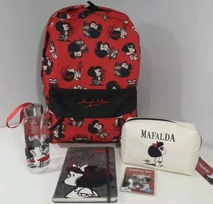 Set Mafalda Quino 16" school Travel backpack Bottle, Journal Pencil Case & Pins  - Picture 1 of 21