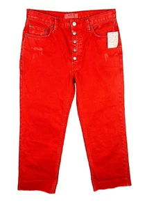 Free People Jeans Women 28x25 Hot Lava Red Cropped Frayed Hem Button Fly NWT - Picture 1 of 12
