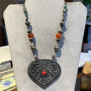 Tribal Big Pendant Beaded Statement Necklace,Gem Stones, Middle Eastern 32” - Picture 1 of 12