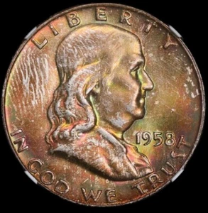 1958 D Franklin 50C NGC MS66+ Plus Grade Rainbow Toned Double Sided Multicolor - Picture 1 of 5