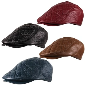 Faux Leather Cabbie Newsboy Country Golf Ivy Check Quilt Flat Cap - Picture 1 of 4