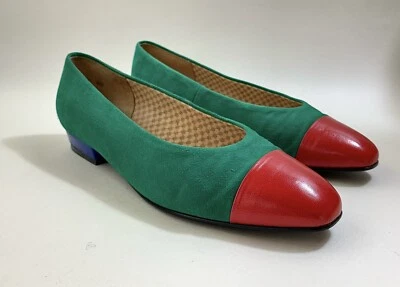 Bally Vintage Años 80 Verde Rojo Azul Gamuza y Cuero Tacón Bajo Zapato Corte Reino Unido 4,5 C Foto 1 de 4