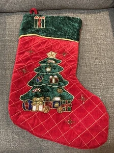 Medias de terciopelo con lentejuelas árbol de Navidad con regalos estrella de cordón dorado con cuentas - Imagen 1 de 8