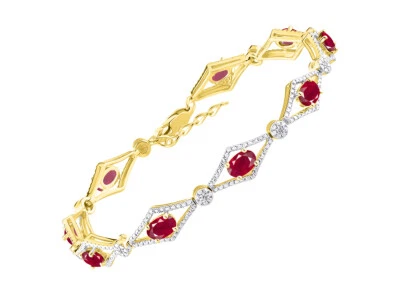 RYLOS RUBY & DIAMOND TENNIS BRACELET YELLOW GOLD PLATED SILVER 7-8"  - Image 1 of 4