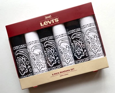 Nuevo paquete de 6 pañuelos Levi's 100 % algodón sin abrir blanco y negro sellados en caja Foto 1 de 4