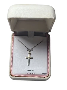Vintage 80er 13 Zoll 14KT GF echter Diamant Halskette & Kreuz Schmuck Geschenk - Bild 1 von 14