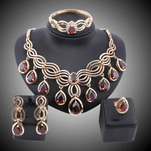 MOTHER'S GIFT RHINESTONE RUBY 18K GP CZ & AUSTRIAN CRYSTAL NECKLACE SET, NEW+BOX - Picture 1 of 11