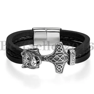 Men Viking Wolf Thor Hammer Bracelet Stainless Steel Leather Magnetic Cuff 8.5" - Picture 1 of 8